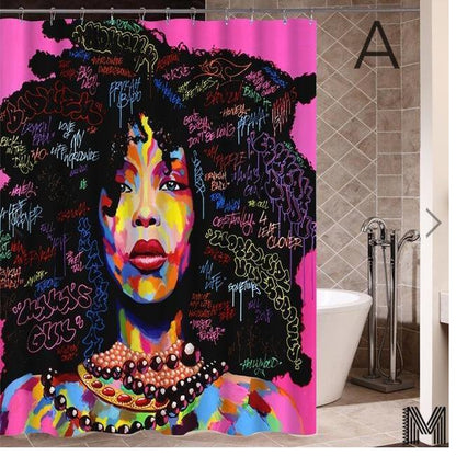 Modern Graffiti Shower Curtain – Black Girl Art with Big Earrings, African Urban Style - Decor Cravings