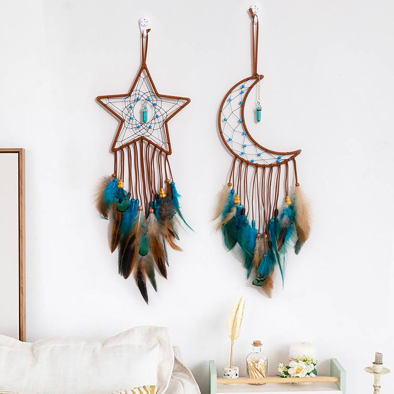 Handmade Star Feather Dreamcatcher with Pentagram Wind Chimes – Boho Wall Hanging Gift - Decor Cravings