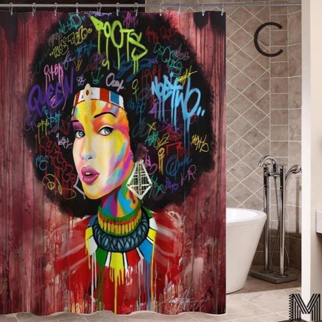 Modern Graffiti Shower Curtain – Black Girl Art with Big Earrings, African Urban Style - Decor Cravings