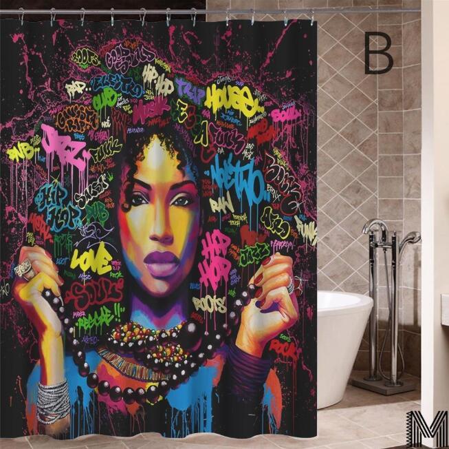 Modern Graffiti Shower Curtain – Black Girl Art with Big Earrings, African Urban Style - Decor Cravings