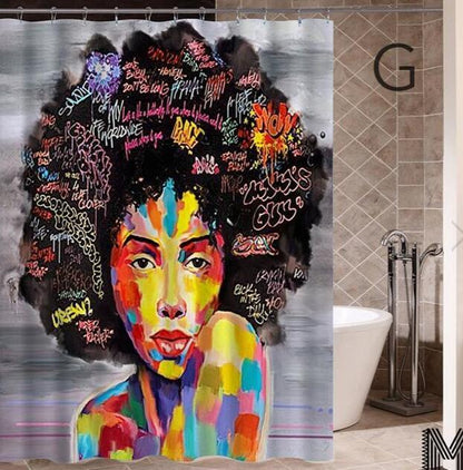 Modern Graffiti Shower Curtain – Black Girl Art with Big Earrings, African Urban Style - Decor Cravings