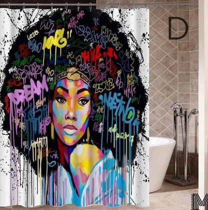 Modern Graffiti Shower Curtain – Black Girl Art with Big Earrings, African Urban Style - Decor Cravings