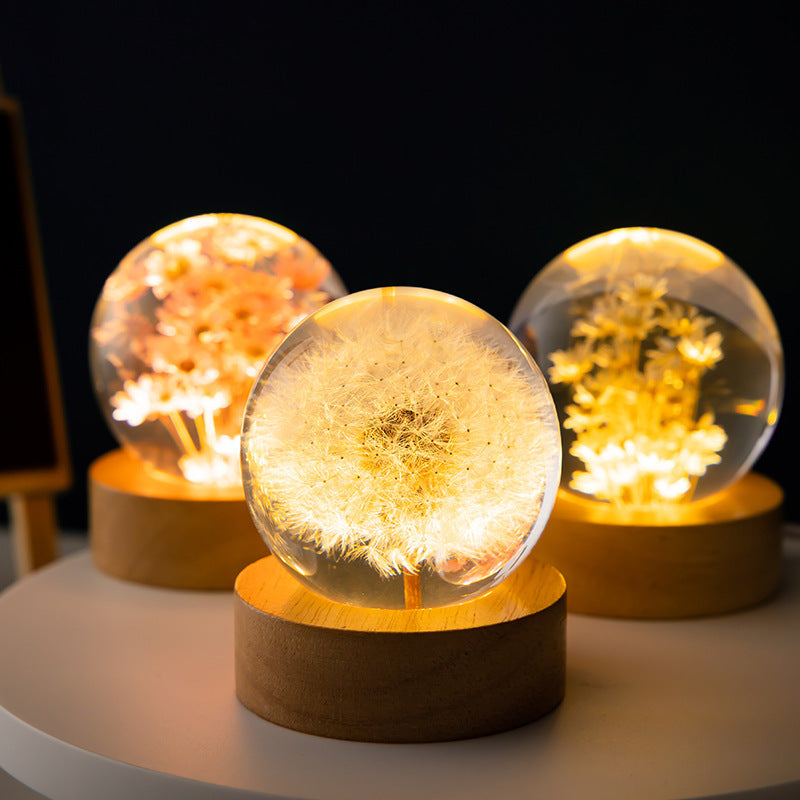 Luminous 3D Dandelion Globe – LED Crystal Ball with Wooden Base for Birthday & Christmas Gifts - Decor Cravings
