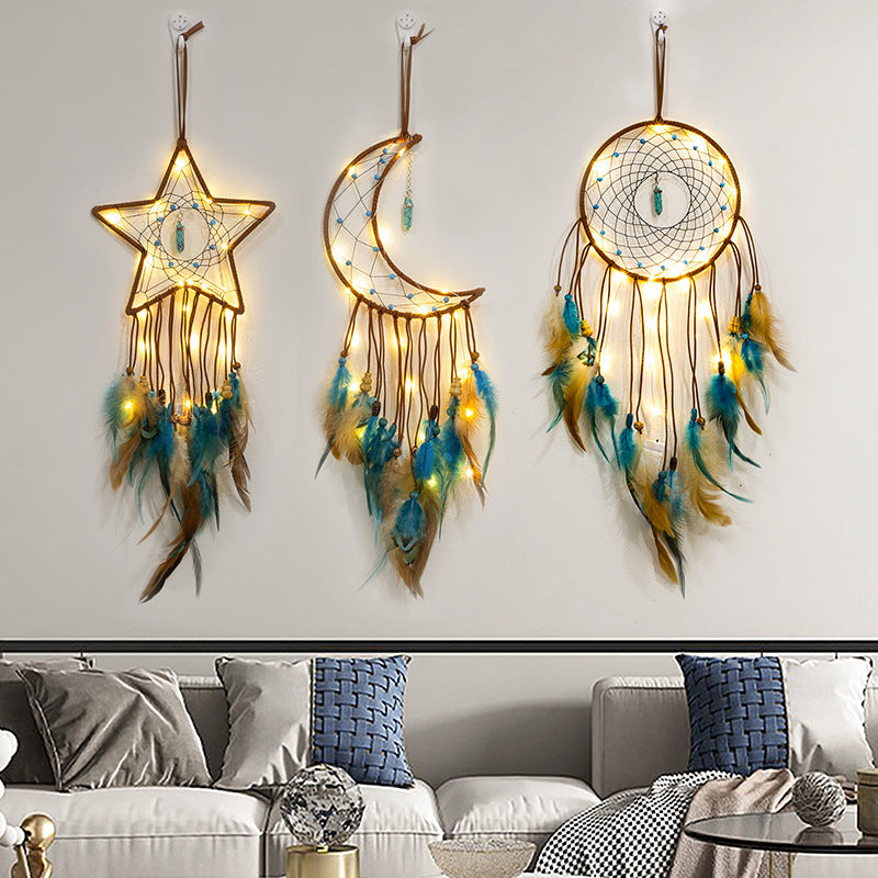 Handmade Star Feather Dreamcatcher with Pentagram Wind Chimes – Boho Wall Hanging Gift - Decor Cravings