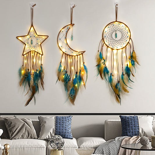 Handmade Star Feather Dreamcatcher with Pentagram Wind Chimes – Boho Wall Hanging Gift - Decor Cravings