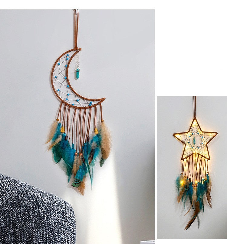 Handmade Star Feather Dreamcatcher with Pentagram Wind Chimes – Boho Wall Hanging Gift - Decor Cravings