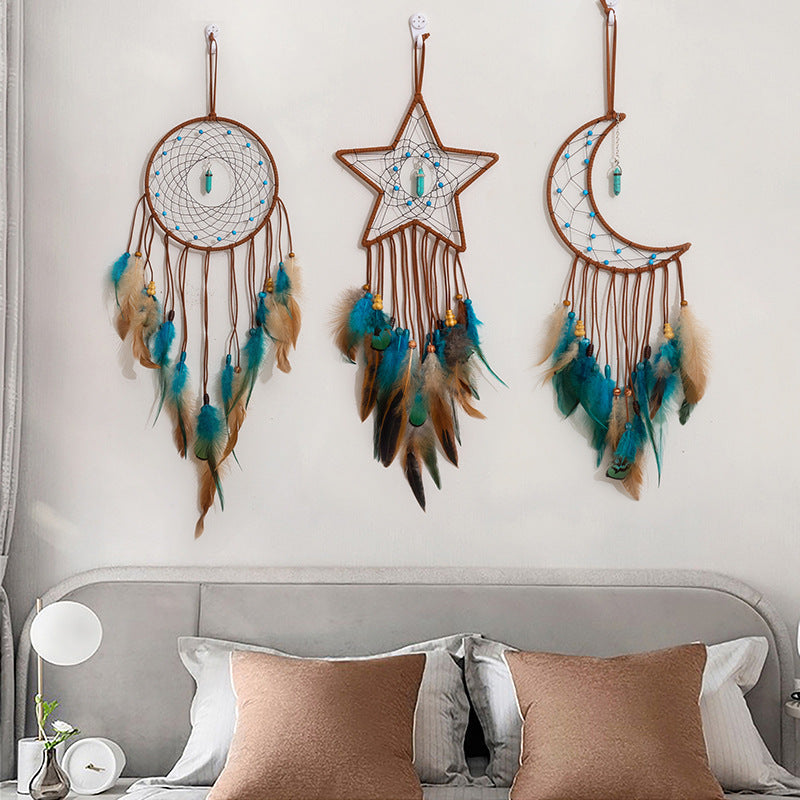 Handmade Star Feather Dreamcatcher with Pentagram Wind Chimes – Boho Wall Hanging Gift - Decor Cravings