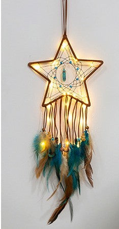 Handmade Star Feather Dreamcatcher with Pentagram Wind Chimes – Boho Wall Hanging Gift - Decor Cravings
