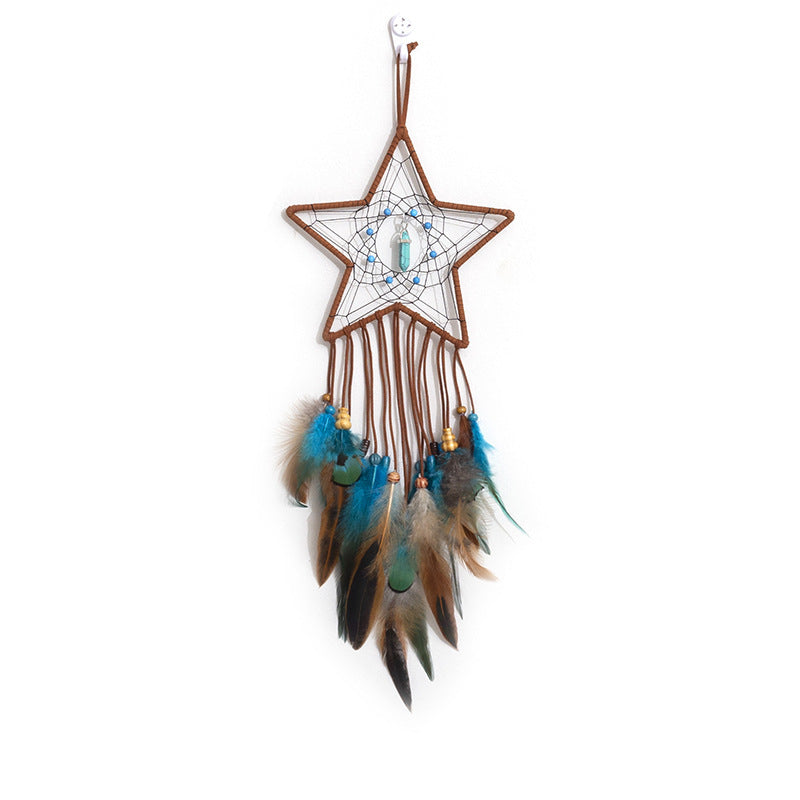 Handmade Star Feather Dreamcatcher with Pentagram Wind Chimes – Boho Wall Hanging Gift - Decor Cravings