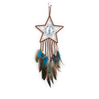 Handmade Star Feather Dreamcatcher with Pentagram Wind Chimes – Boho Wall Hanging Gift - Decor Cravings